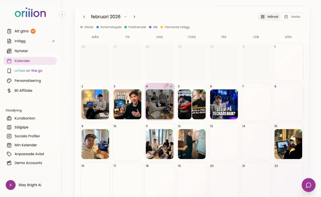 oriiion månadskalender med schemalagda inlägg och publiceringstider